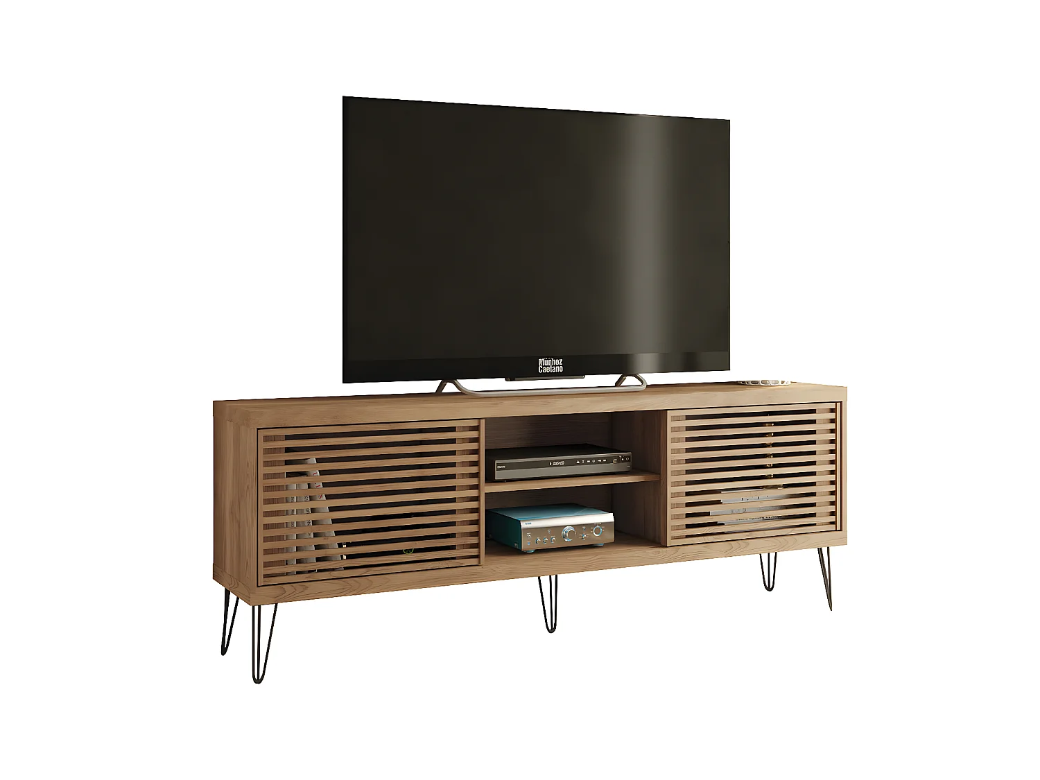 Meuble TV de 2 portes coulissantes coloris Chêne Buriti - longueur 180 x profondeur 33 x hauteur 65 cm