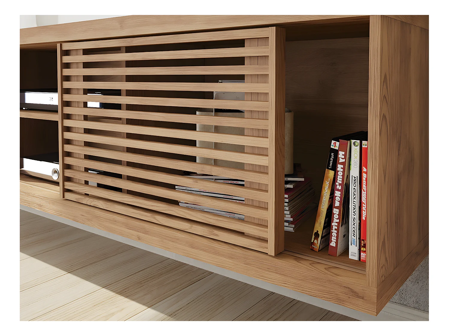 Meuble TV de 2 portes coulissantes coloris Chêne Buriti - longueur 180 x profondeur 33 x hauteur 65 cm