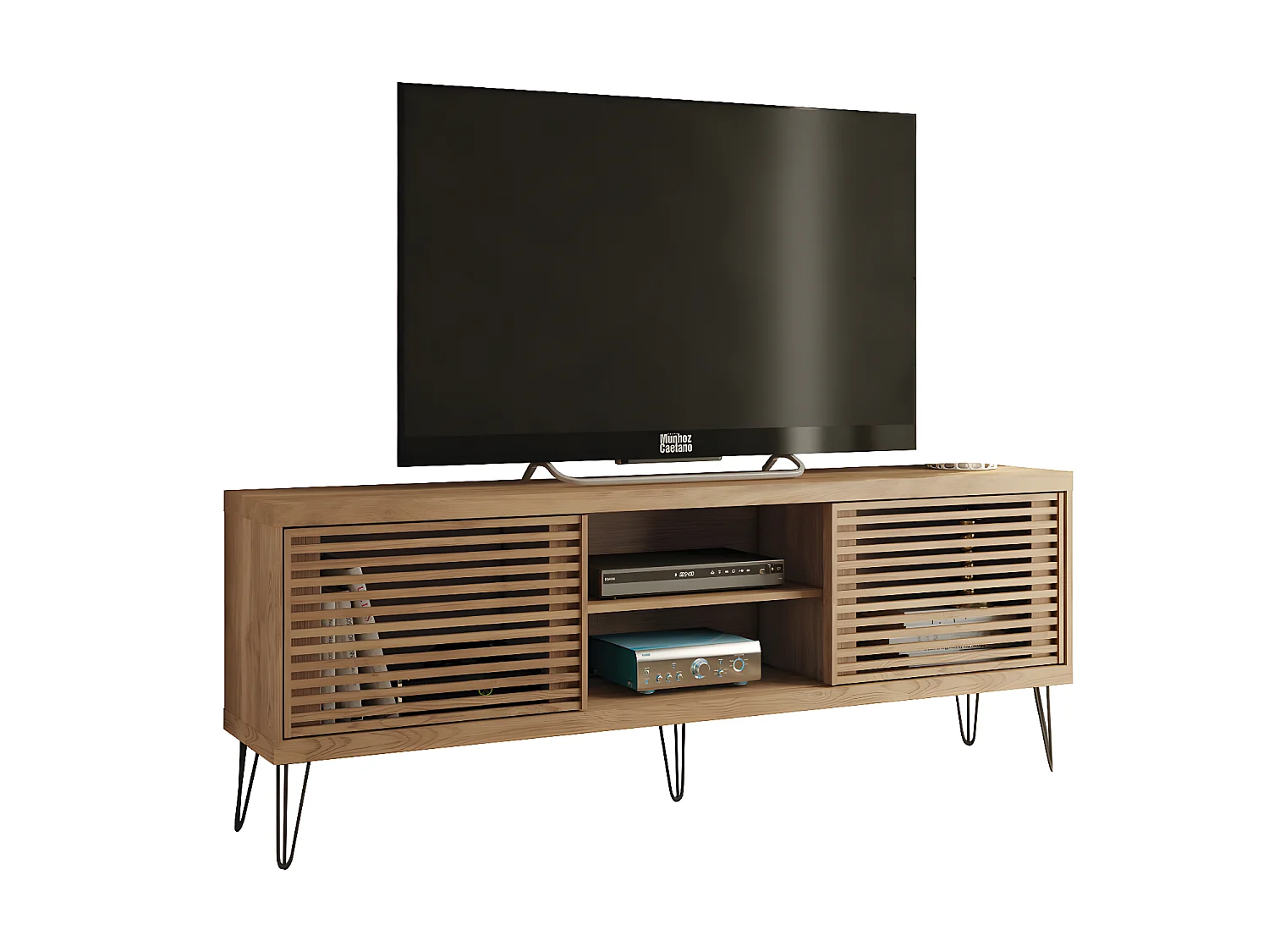 Meuble TV de 2 portes coulissantes coloris Chêne Buriti - longueur 180 x profondeur 33 x hauteur 65 cm
