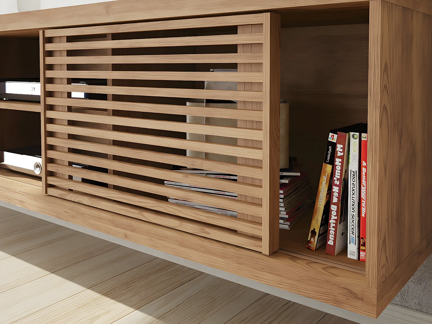 Meuble TV de 2 portes coulissantes coloris Chêne Buriti - longueur 180 x profondeur 33 x hauteur 65 cm