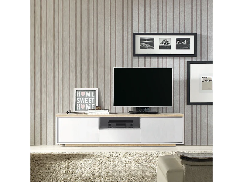 Meuble TV coloris Blanc / Chêne Cambrian - longueur 183 x profondeur 35 x hauteur 46 cm