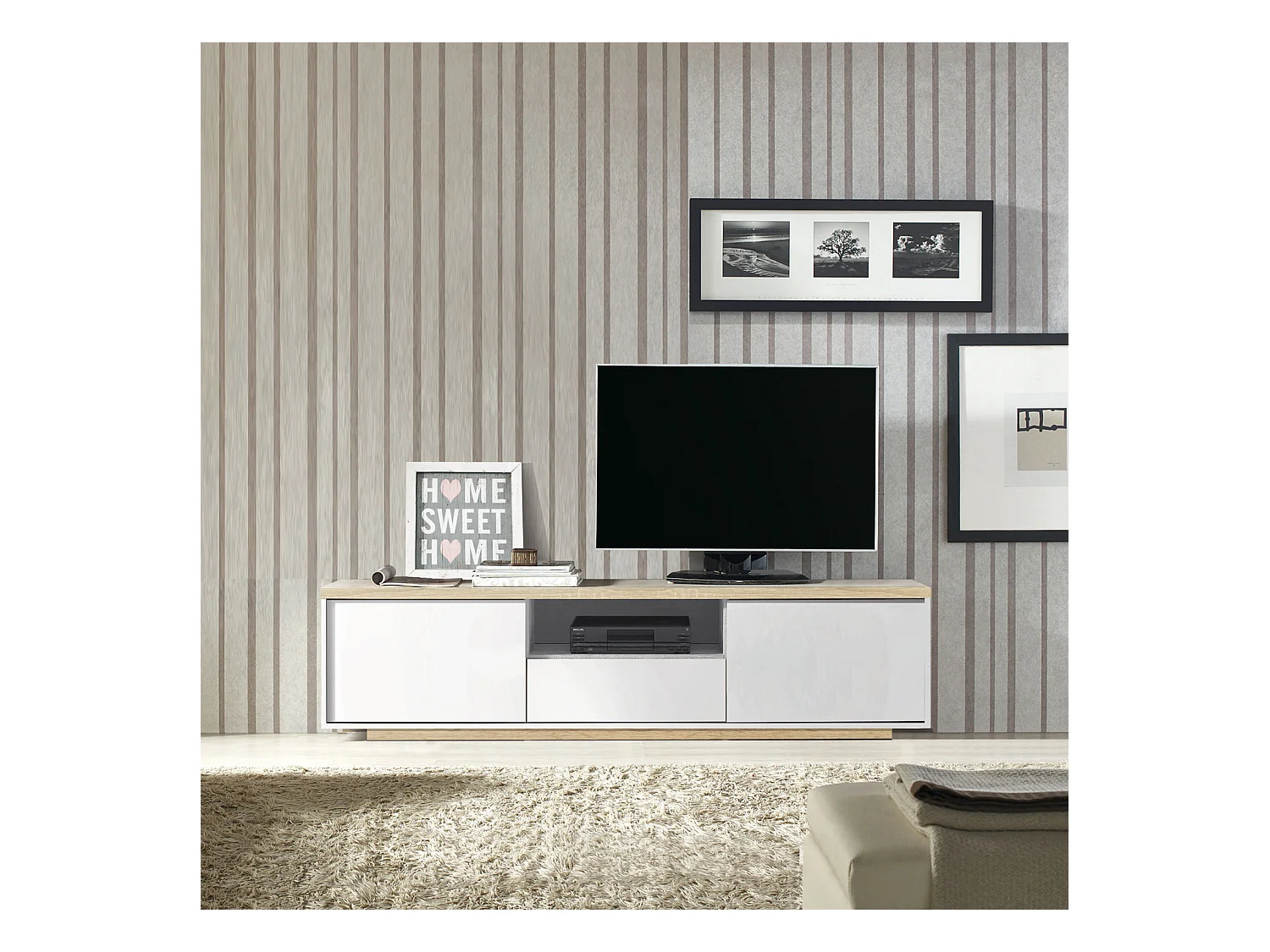 Meuble TV coloris Blanc / Chêne Cambrian - longueur 183 x profondeur 35 x hauteur 46 cm