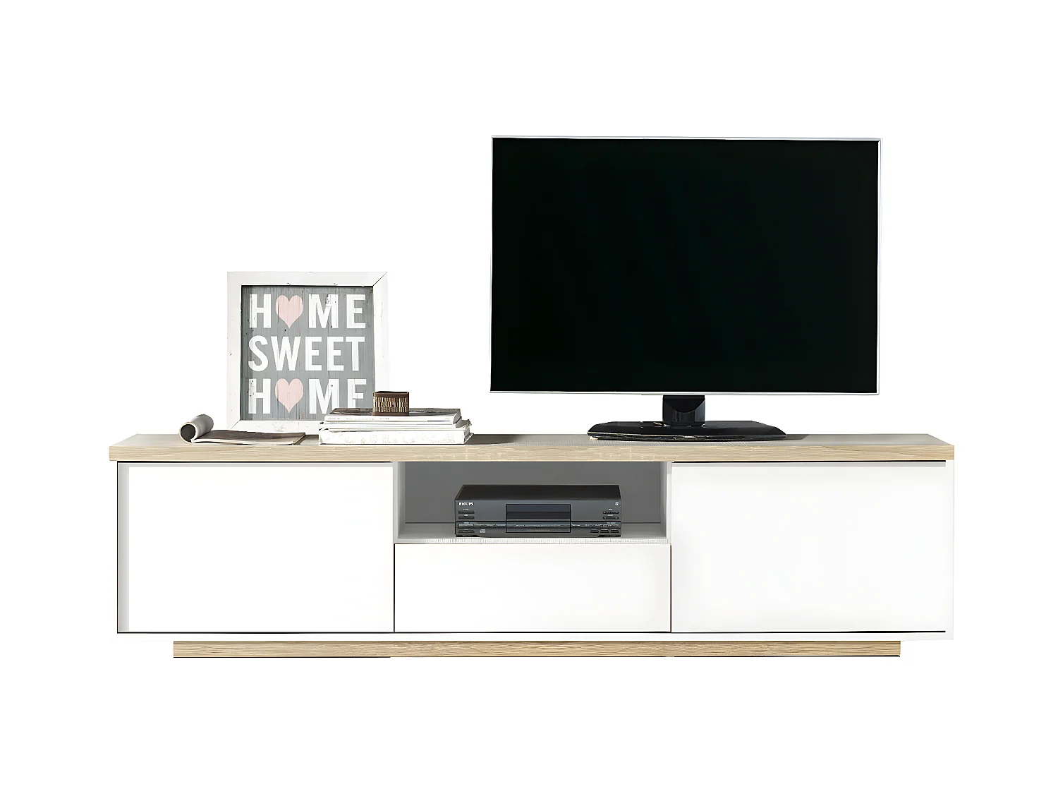 Meuble TV coloris Blanc / Chêne Cambrian - longueur 183 x profondeur 35 x hauteur 46 cm