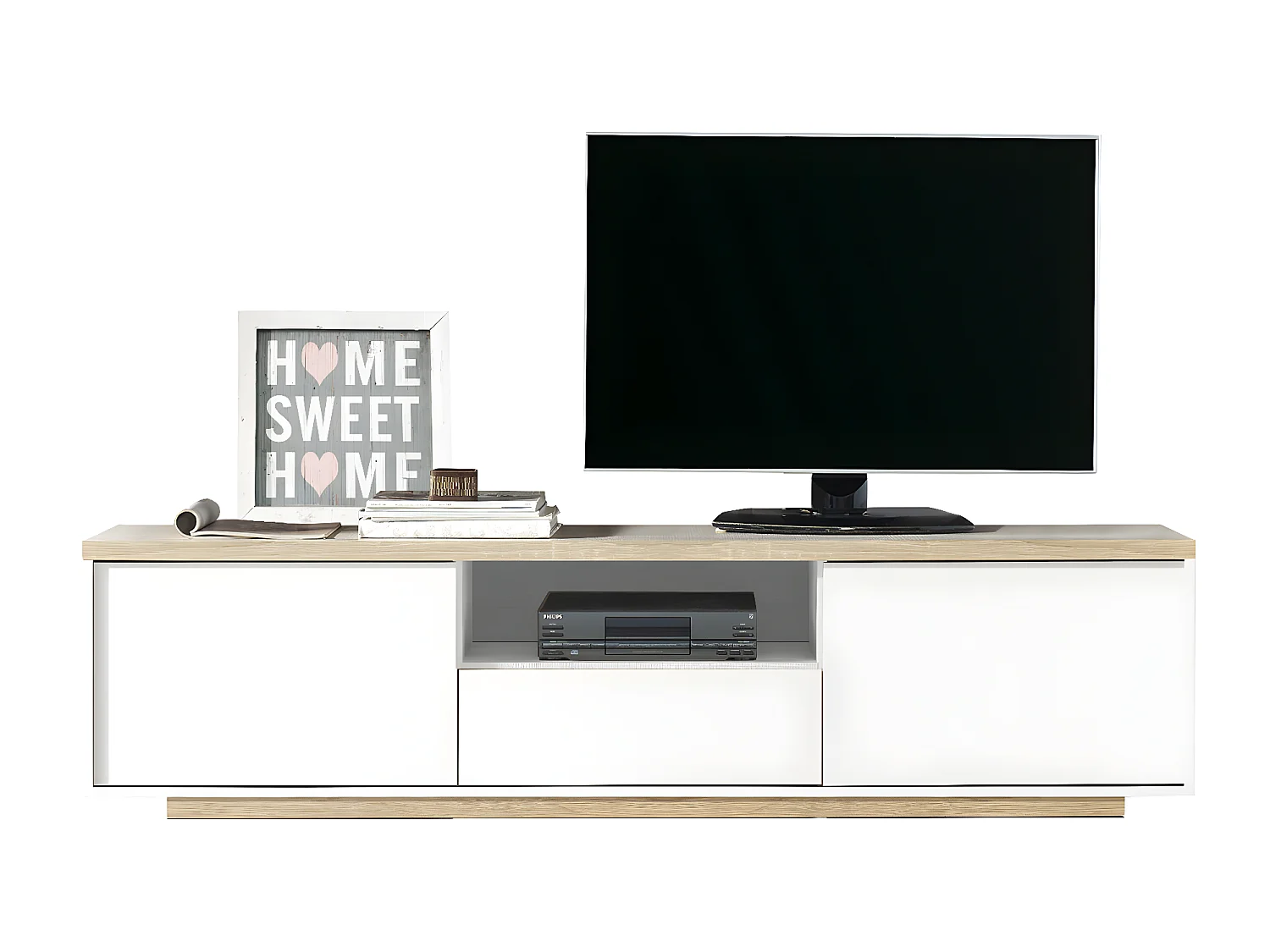 Meuble TV coloris Blanc / Chêne Cambrian - longueur 183 x profondeur 35 x hauteur 46 cm