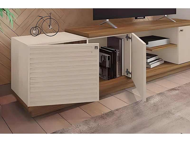 Meuble TV de 3 portes coloris Miel / Beige - Longueur 195 x profondeur 36 x hauteur 51 cm