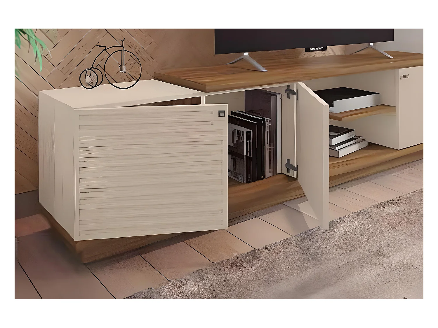 Meuble TV de 3 portes coloris Miel / Beige - Longueur 195 x profondeur 36 x hauteur 51 cm