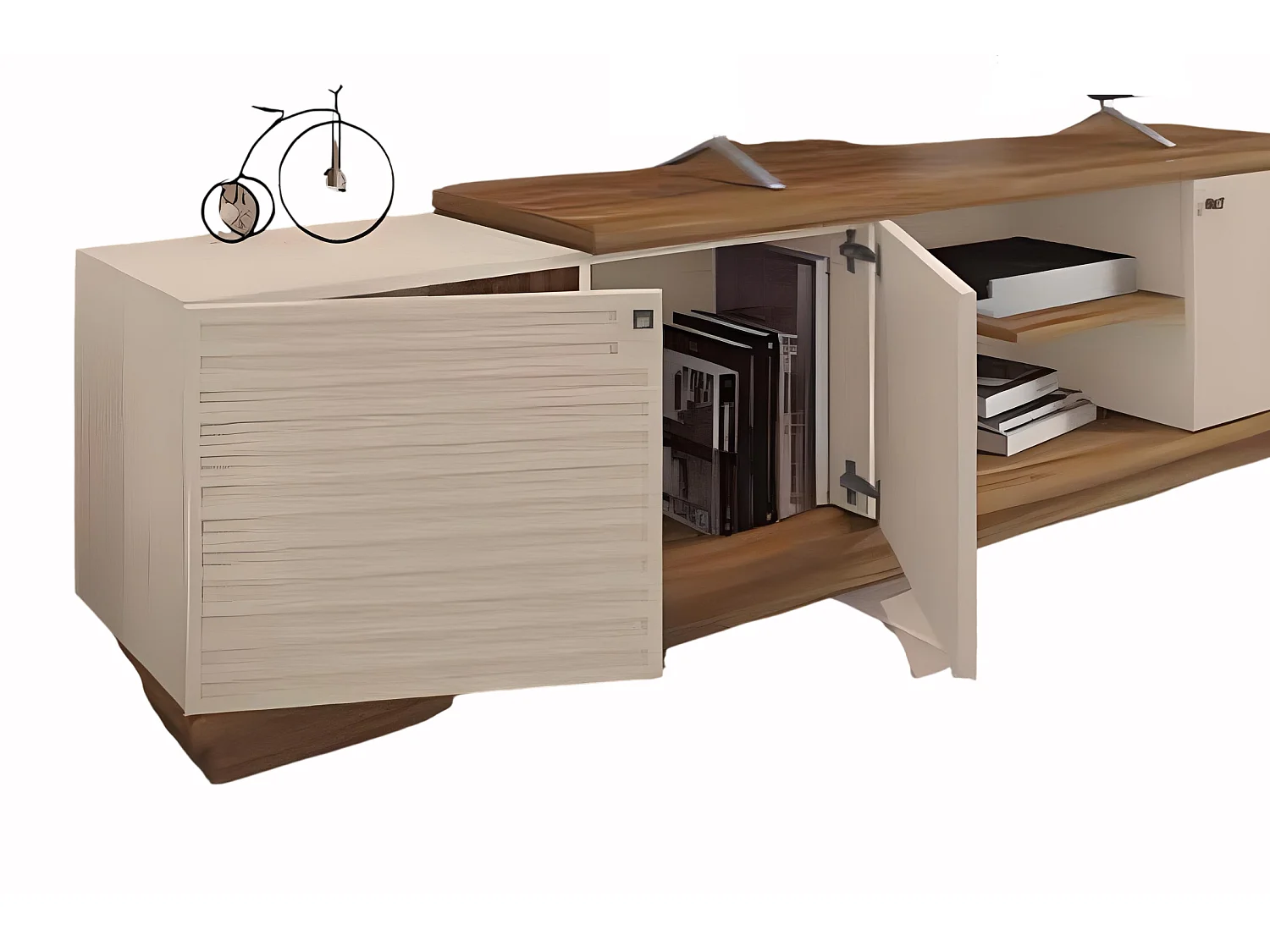 Meuble TV de 3 portes coloris Miel / Beige - Longueur 195 x profondeur 36 x hauteur 51 cm