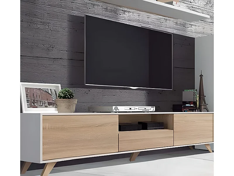 Meuble TV avec pieds coloris Blanc / Chêne Cambrian - Longueur 183 x profondeur 35 x hauteur 44 cm