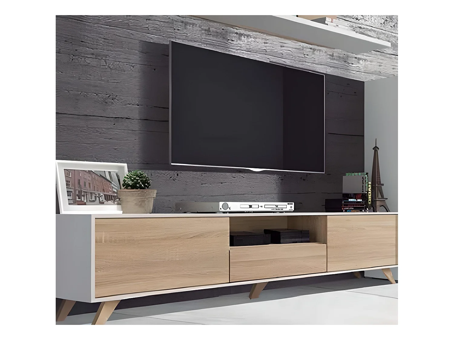 Meuble TV avec pieds coloris Blanc / Chêne Cambrian - Longueur 183 x profondeur 35 x hauteur 44 cm