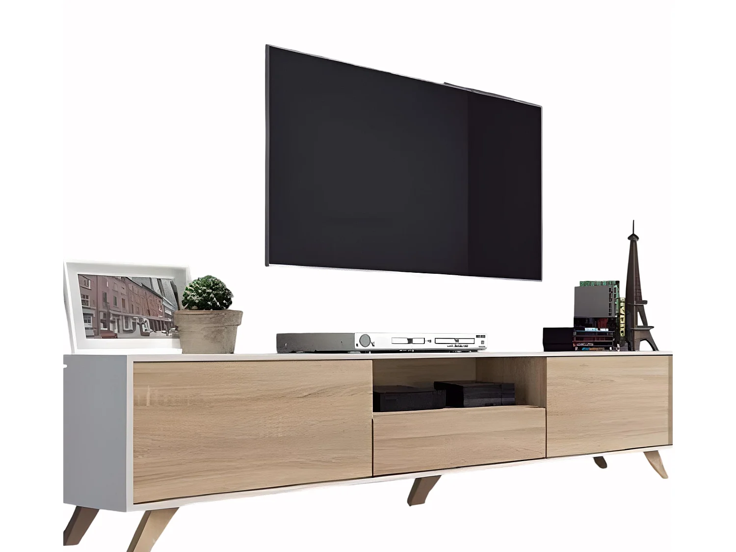 Meuble TV avec pieds coloris Blanc / Chêne Cambrian - Longueur 183 x profondeur 35 x hauteur 44 cm