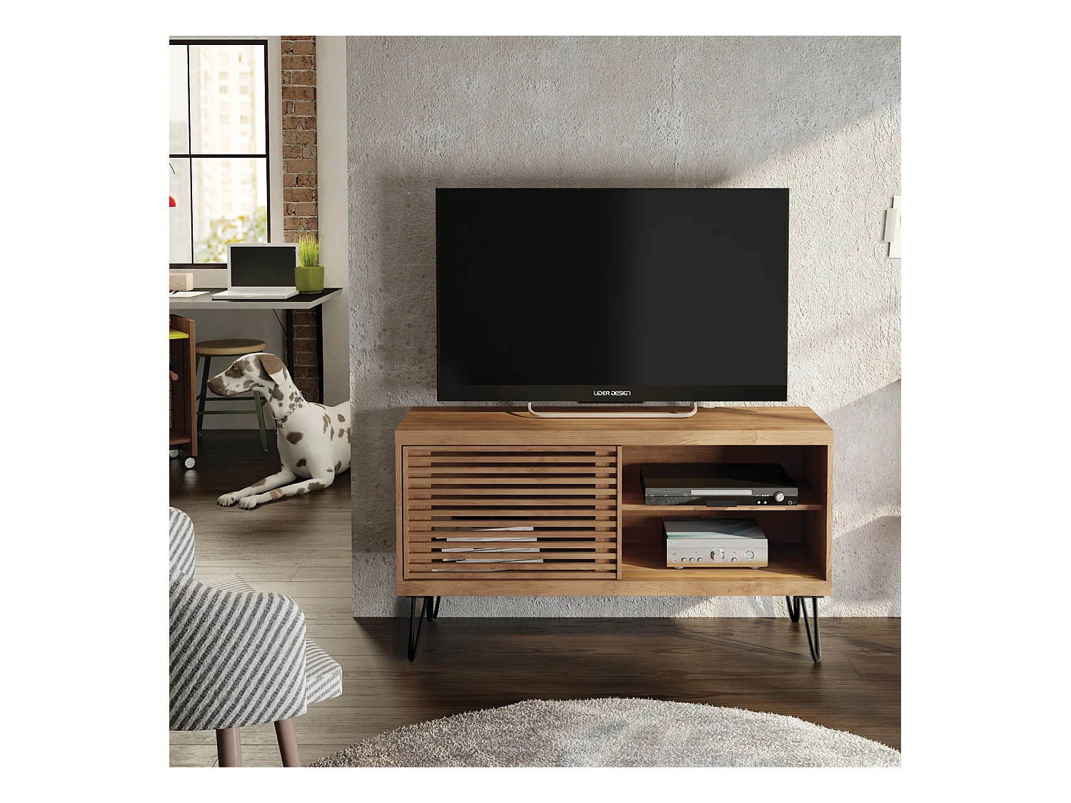 Meuble TV avec 1 porte coulissante coloris Chêne Buriti -longueur 120 x profondeur 33 x hauteur 65 cm