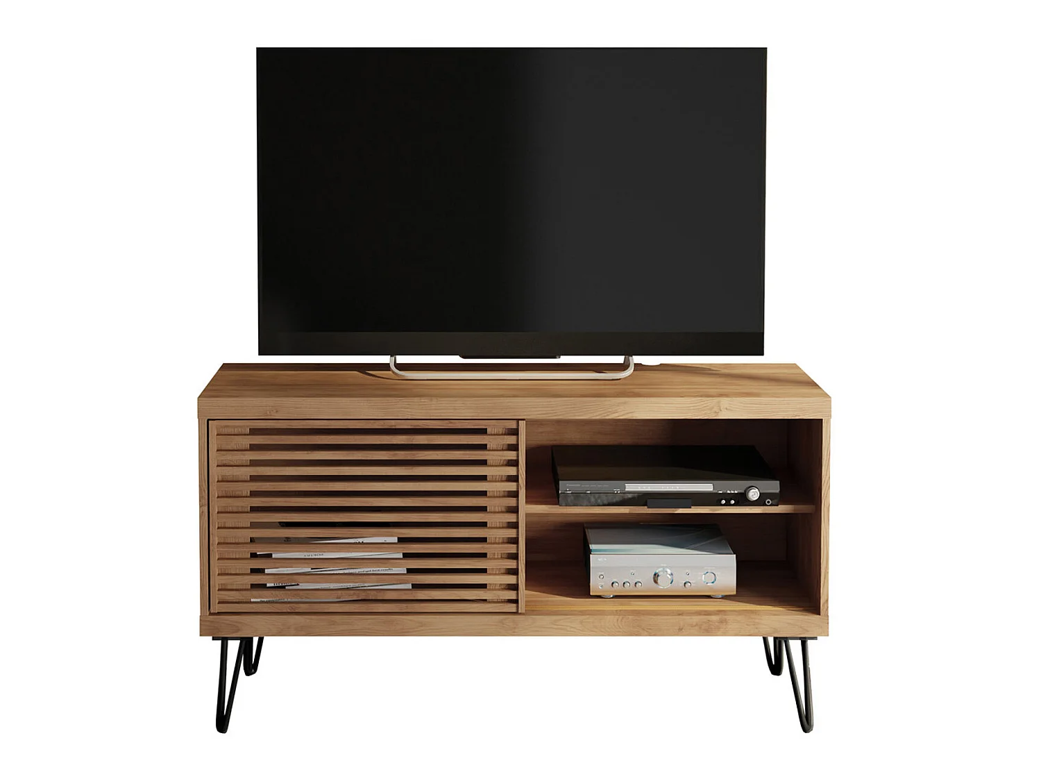 Meuble TV avec 1 porte coulissante coloris Chêne Buriti -longueur 120 x profondeur 33 x hauteur 65 cm
