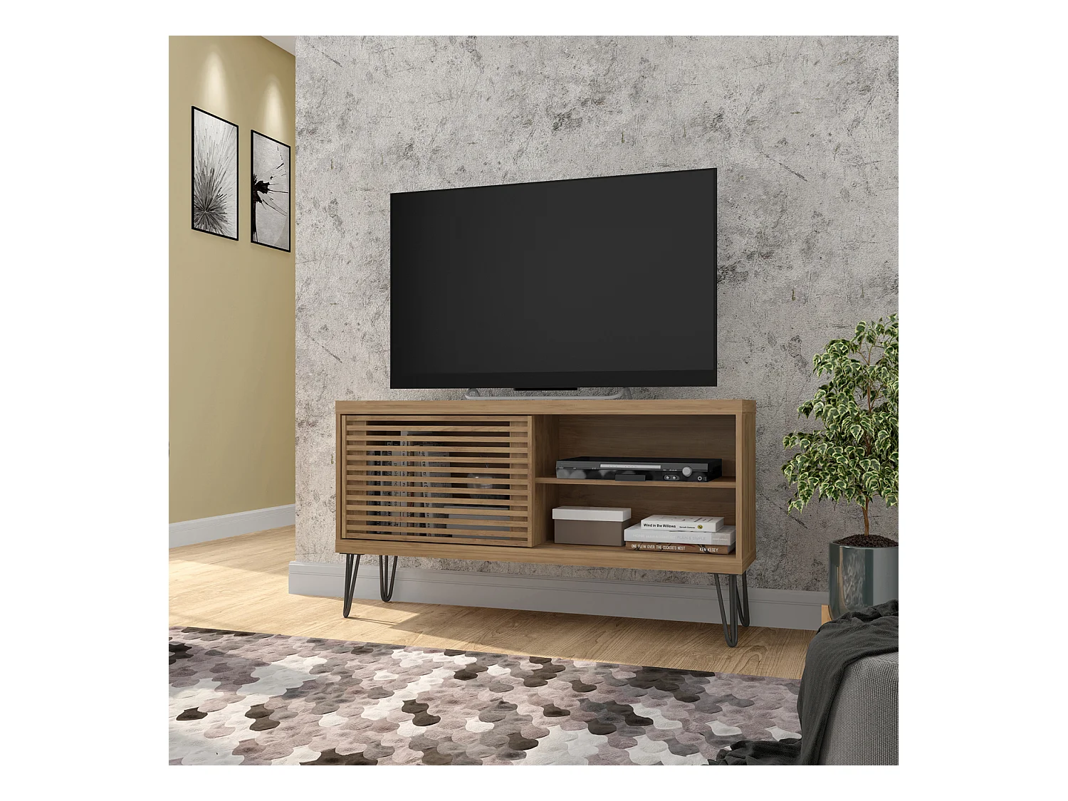 Meuble TV avec 1 porte coulissante coloris Chêne Buriti -longueur 120 x profondeur 33 x hauteur 65 cm