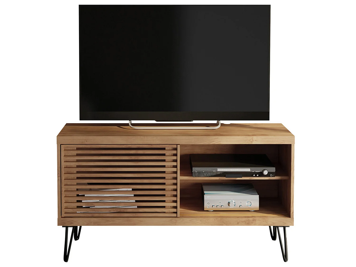 Meuble TV avec 1 porte coulissante coloris Chêne Buriti -longueur 120 x profondeur 33 x hauteur 65 cm