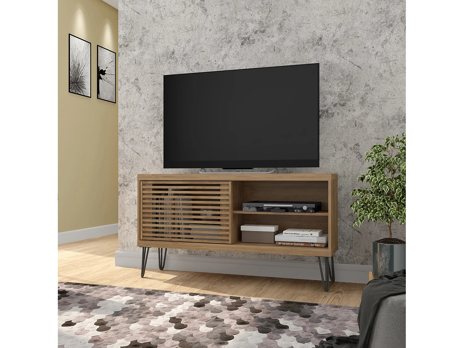 Meuble TV avec 1 porte coulissante coloris Chêne Buriti -longueur 120 x profondeur 33 x hauteur 65 cm