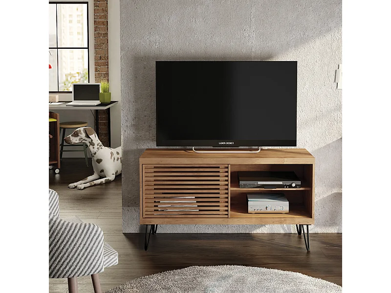 Meuble TV avec 1 porte coulissante coloris Chêne Buriti -longueur 120 x profondeur 33 x hauteur 65 cm