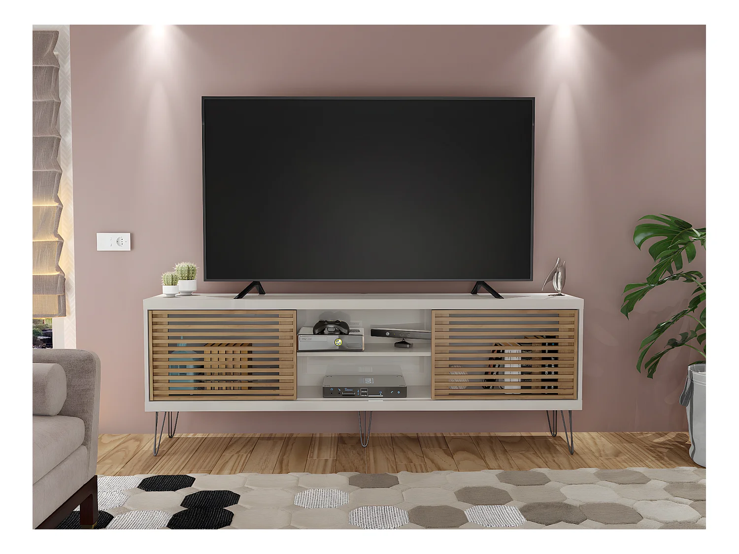 Meuble TV de 2 portes coulissantes coloris Beige / Chêne Buriti - longueur 180 x profondeur 33 x hauteur 65 cm