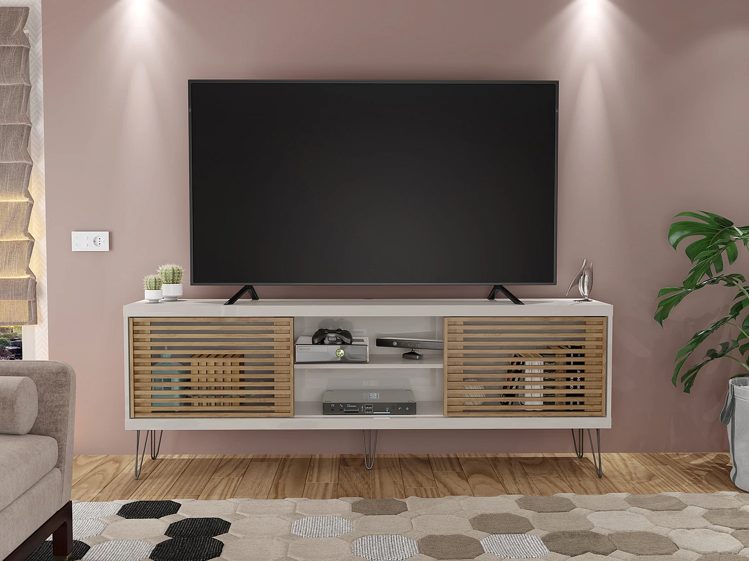 Meuble TV de 2 portes coulissantes coloris Beige / Chêne Buriti - longueur 180 x profondeur 33 x hauteur 65 cm