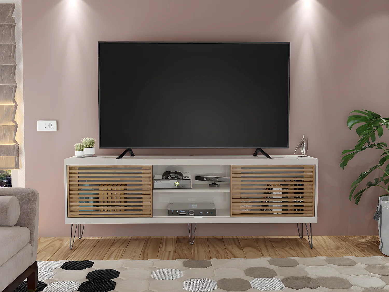 Meuble TV de 2 portes coulissantes coloris Beige / Chêne Buriti - longueur 180 x profondeur 33 x hauteur 65 cm