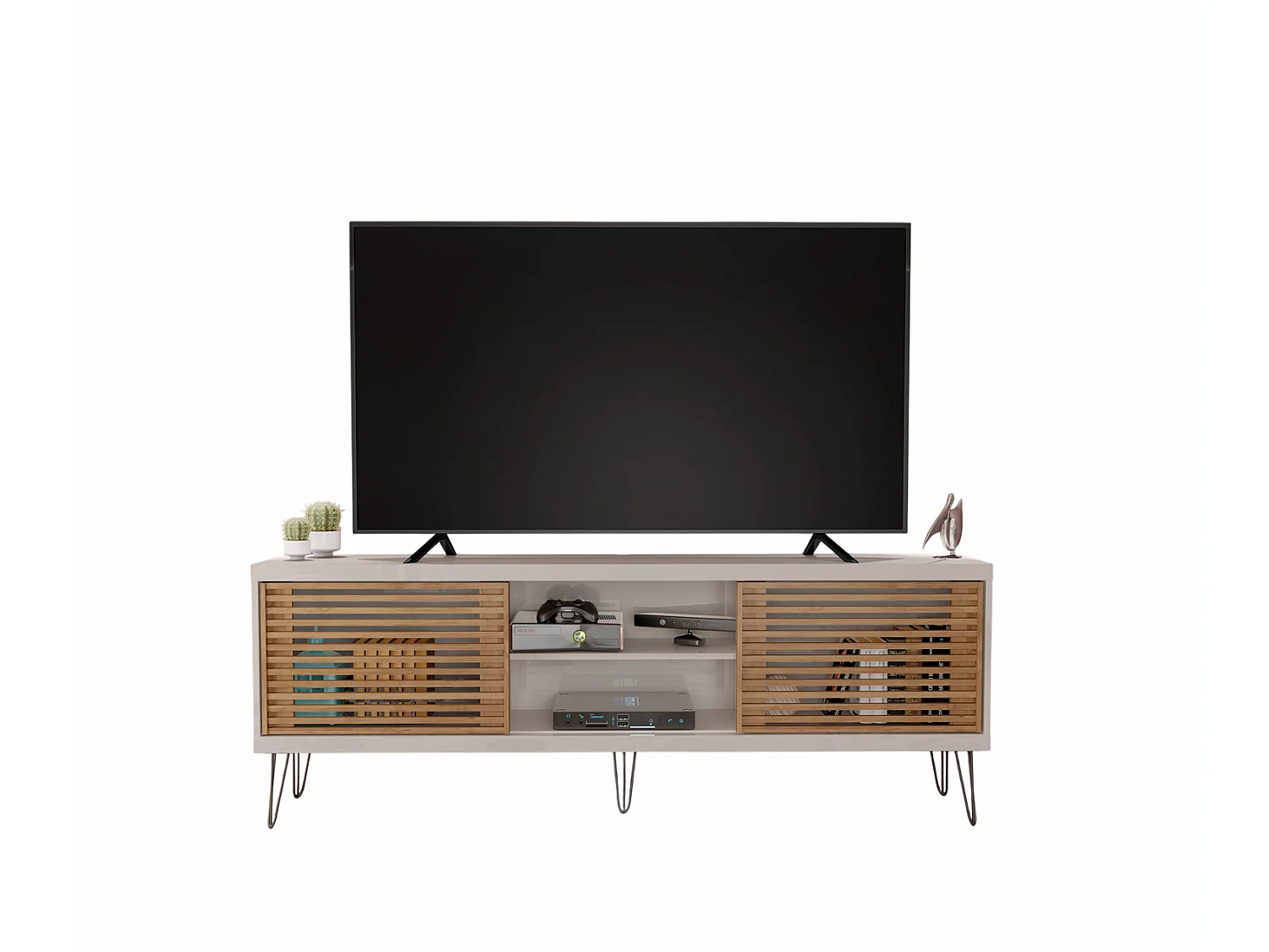Meuble TV de 2 portes coulissantes coloris Beige / Chêne Buriti - longueur 180 x profondeur 33 x hauteur 65 cm