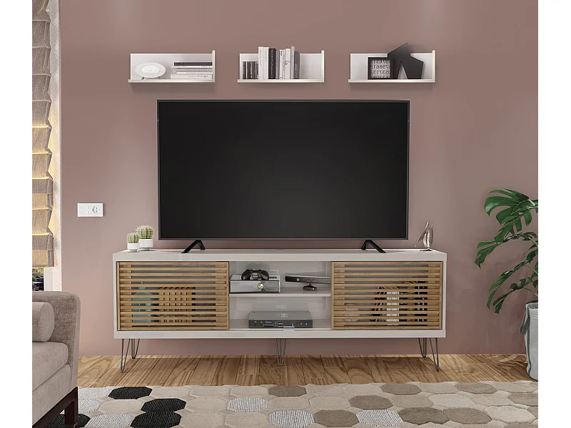 Meuble TV de 2 portes coulissantes coloris Beige / Chêne Buriti - longueur 180 x profondeur 33 x hauteur 65 cm
