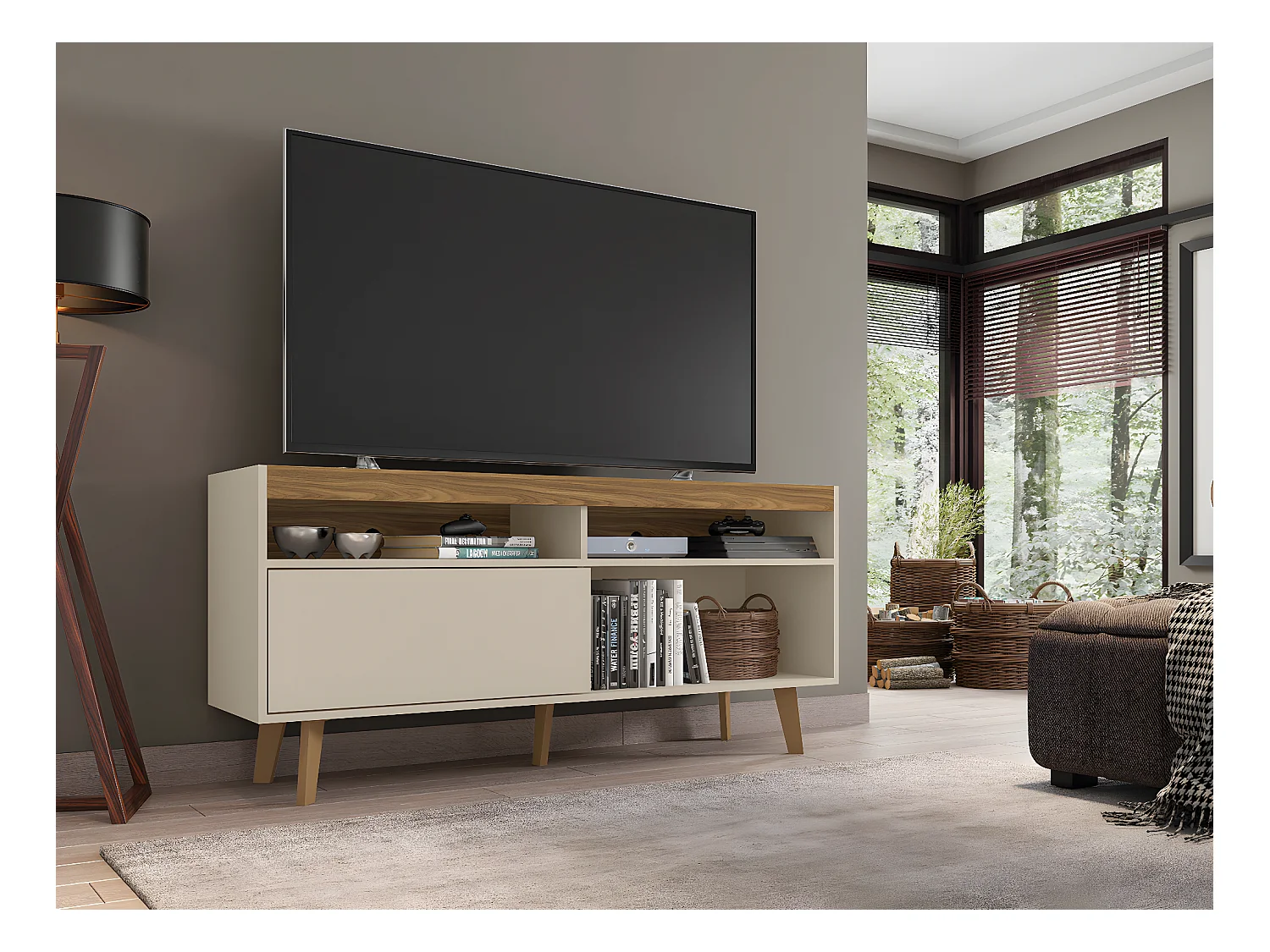 Meuble TV coloris Beige / Fresne - longueur 136 x profondeur 36 x hauteur 63 cm