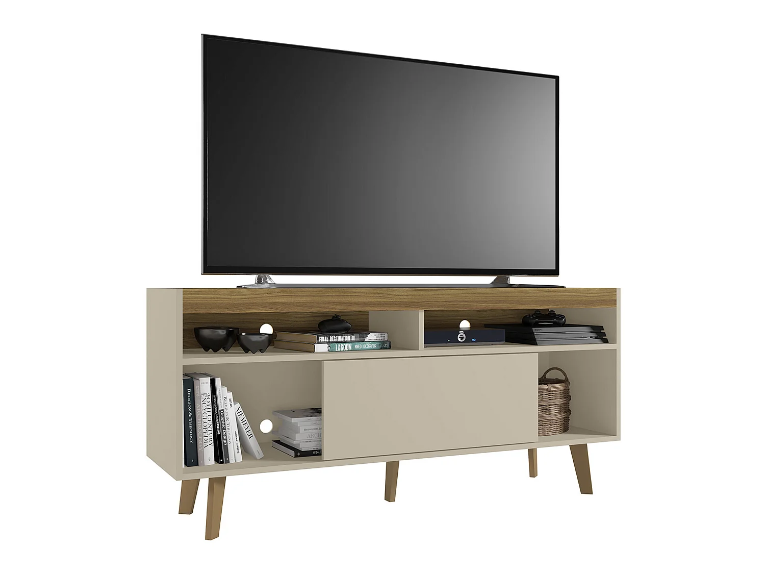 Meuble TV coloris Beige / Fresne - longueur 136 x profondeur 36 x hauteur 63 cm
