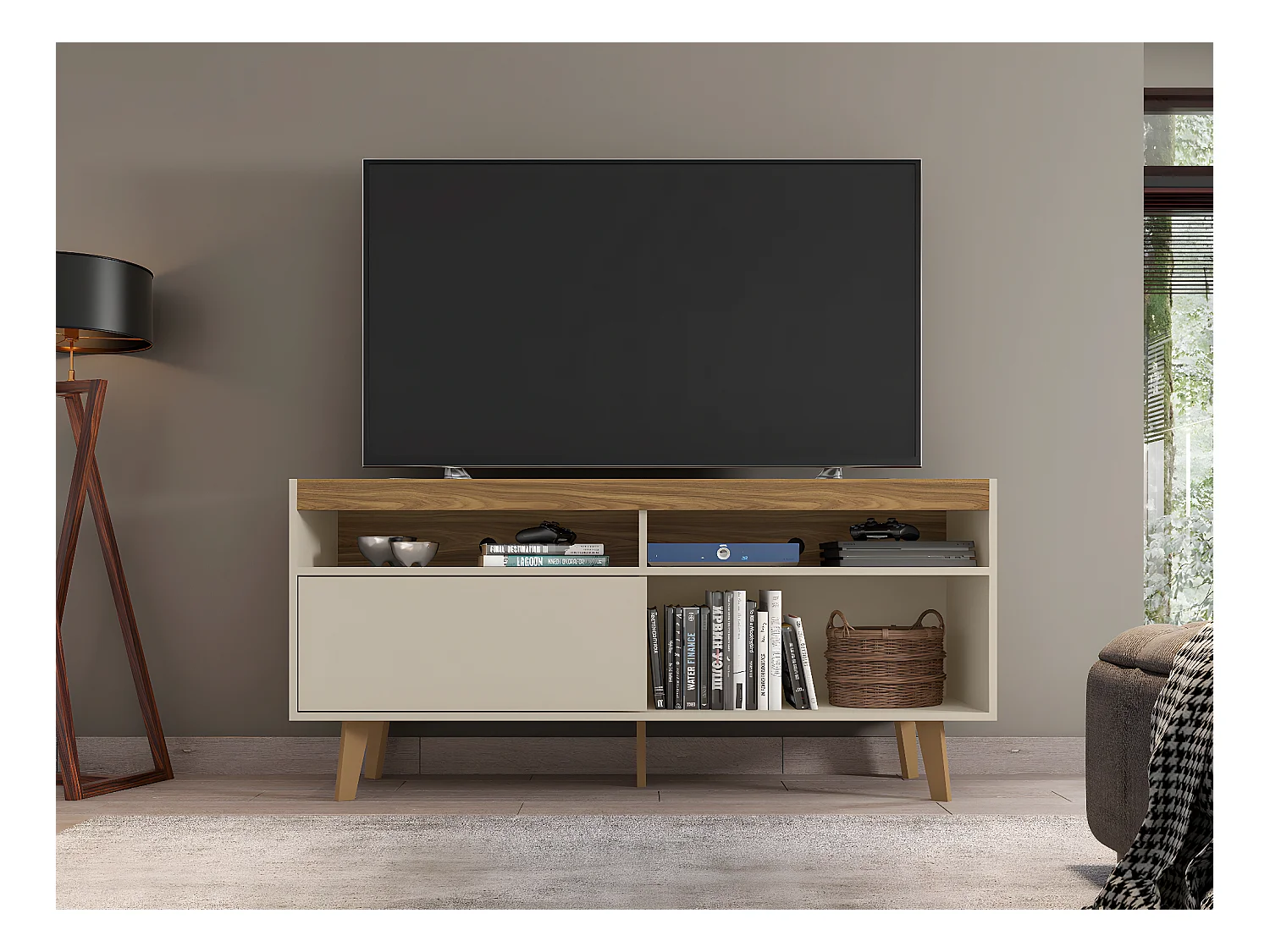 Meuble TV coloris Beige / Fresne - longueur 136 x profondeur 36 x hauteur 63 cm