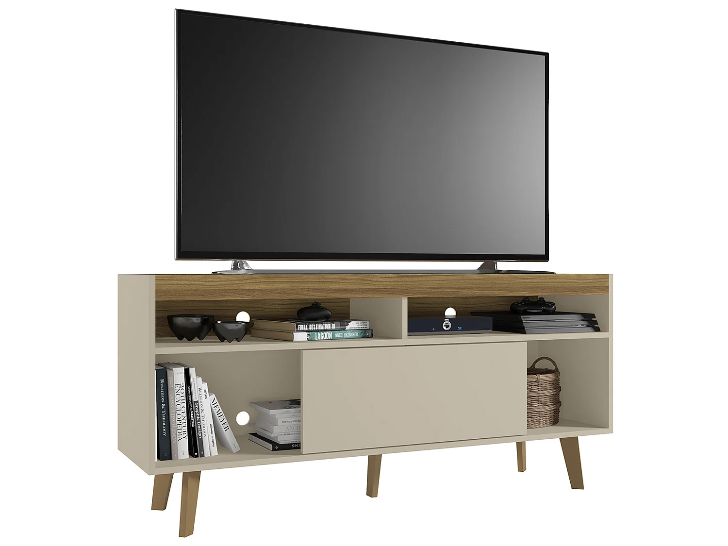 Meuble TV coloris Beige / Fresne - longueur 136 x profondeur 36 x hauteur 63 cm