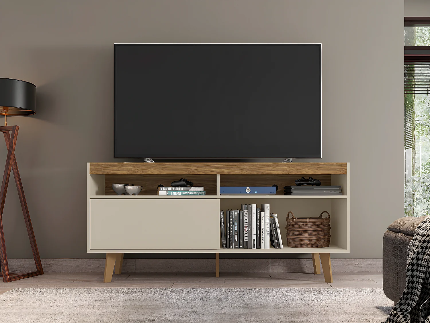 Meuble TV coloris Beige / Fresne - longueur 136 x profondeur 36 x hauteur 63 cm