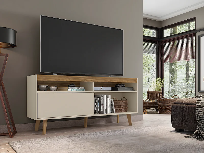 Meuble TV coloris Beige / Fresne - longueur 136 x profondeur 36 x hauteur 63 cm