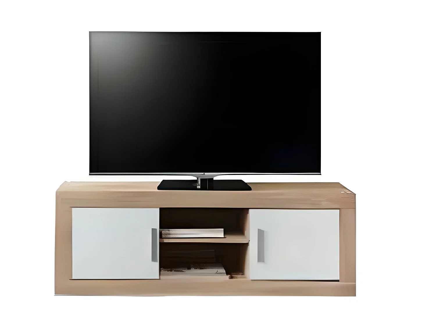 Meuble TV de 2 portes + 2 niches coloris Chêne Cambrian / Blanc - Longueur 134 x profondeur 35 x hauteur 46 cm