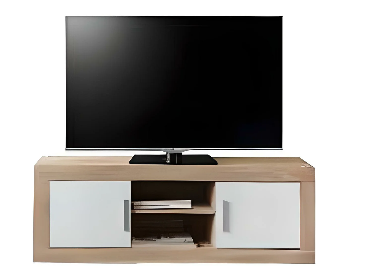 Meuble TV de 2 portes + 2 niches coloris Chêne Cambrian / Blanc - Longueur 134 x profondeur 35 x hauteur 46 cm