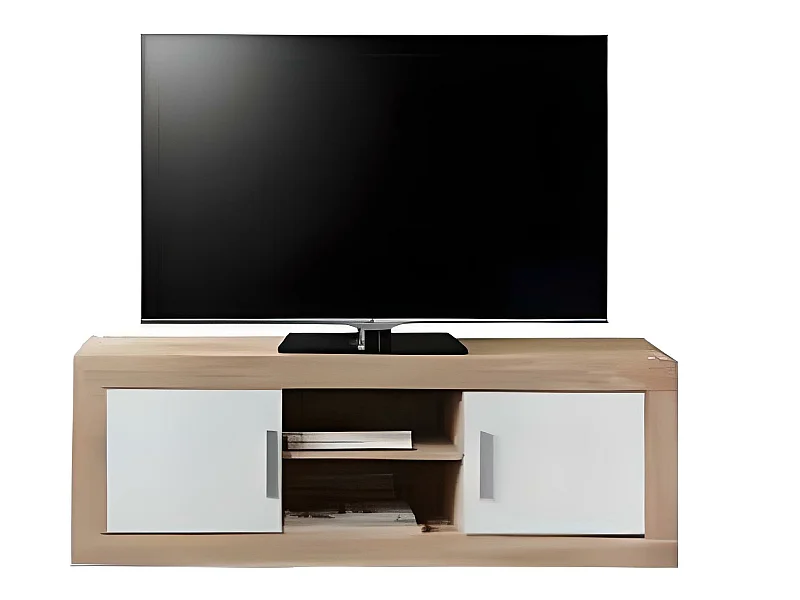 Meuble TV de 2 portes + 2 niches coloris Chêne Cambrian / Blanc - Longueur 134 x profondeur 35 x hauteur 46 cm