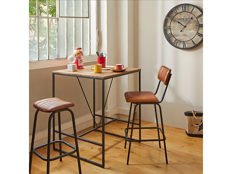 Lot de 2 chaises de bar en Cuir de buffle pleine fleur pigmentée cognac