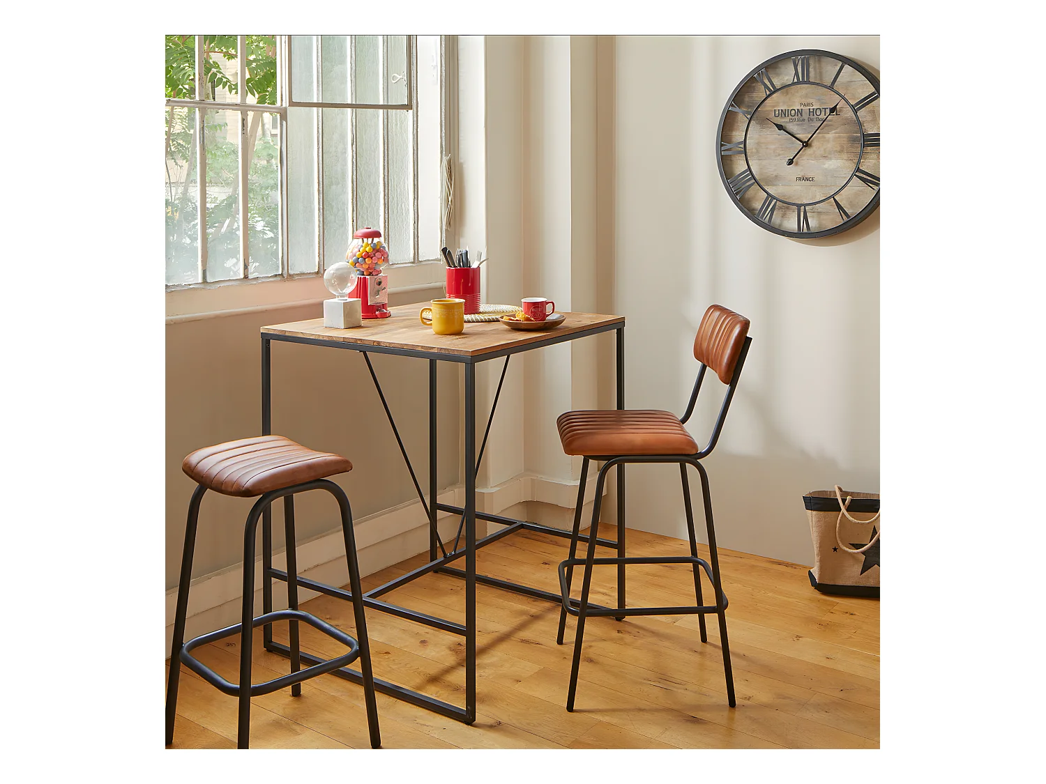 Lot de 2 chaises de bar en Cuir de buffle pleine fleur pigmentée cognac