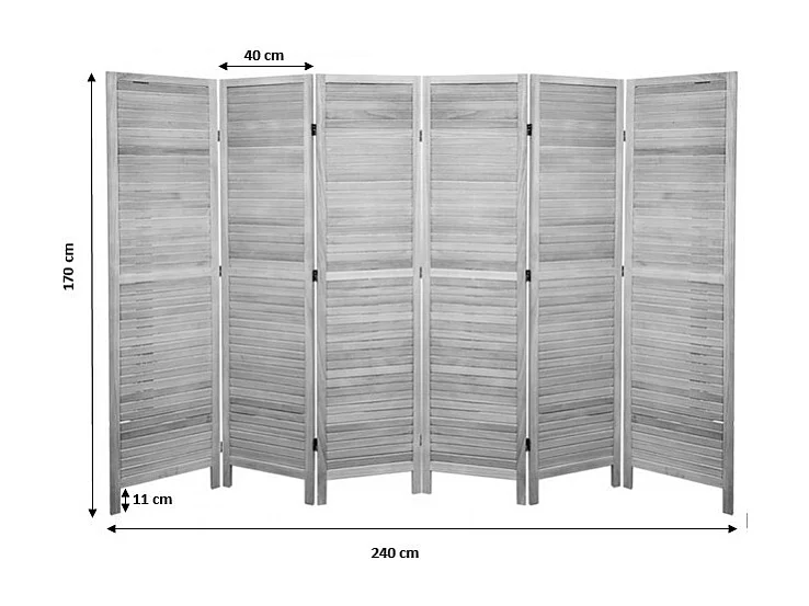 Paravent persienne de 6 pans en bois, coloris blanc lasuré Effet brocante- Dim : H170 x L240cm