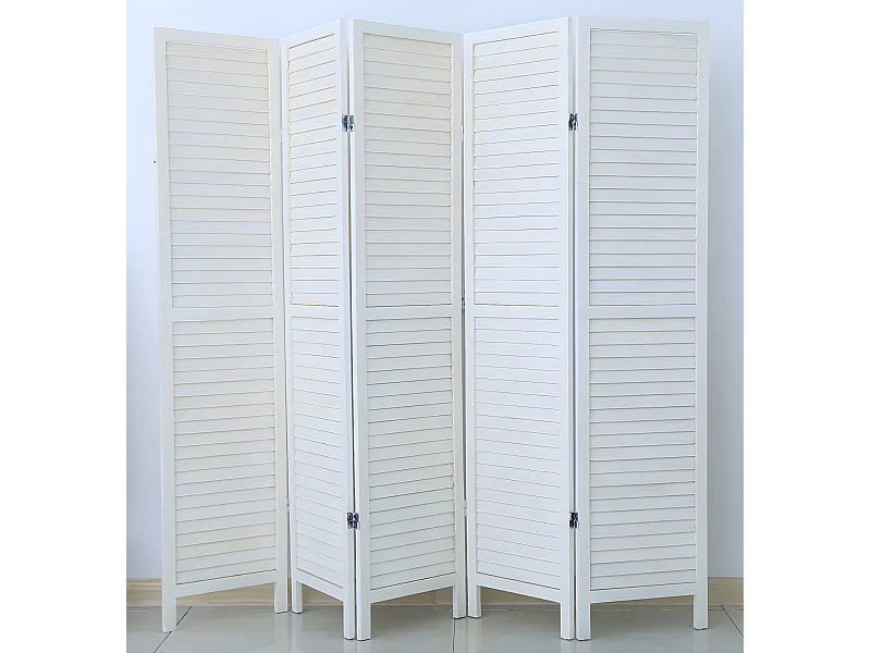 Paravent persienne de 5 pans en bois, coloris blanc. Effet brocante - Dim : H170 x L200cm