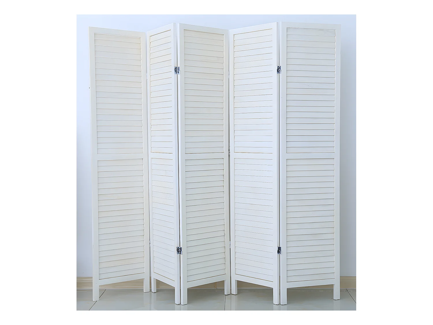 Paravent persienne de 5 pans en bois, coloris blanc. Effet brocante - Dim : H170 x L200cm