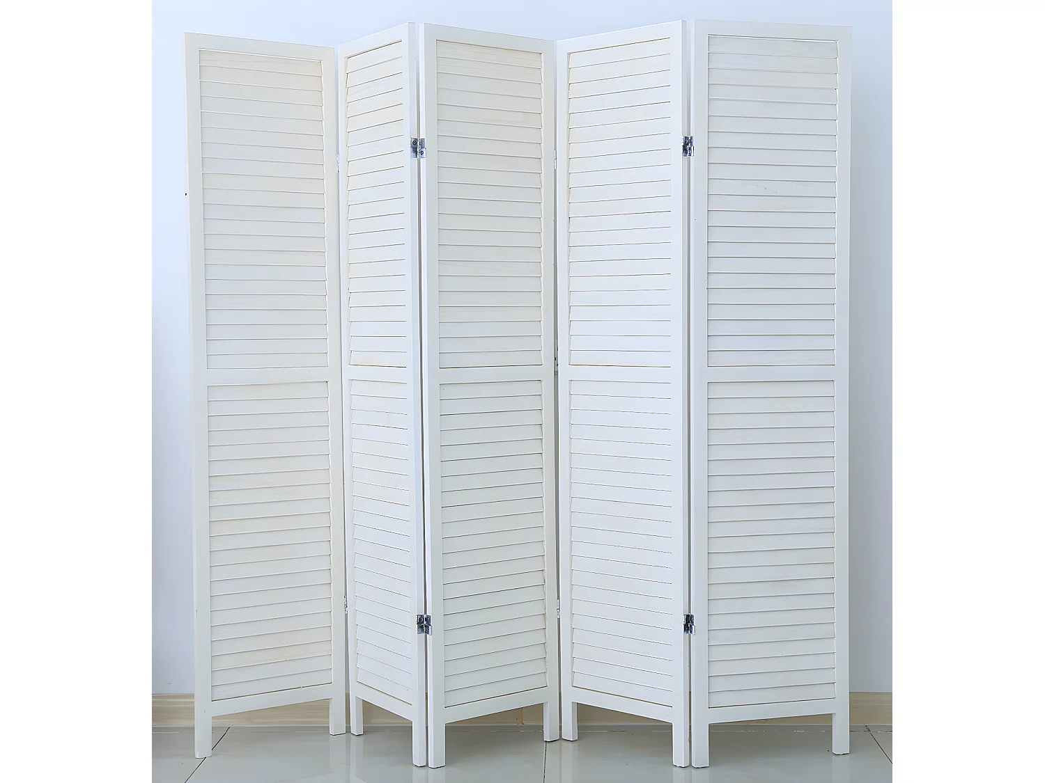 Paravent persienne de 5 pans en bois, coloris blanc. Effet brocante - Dim : H170 x L200cm