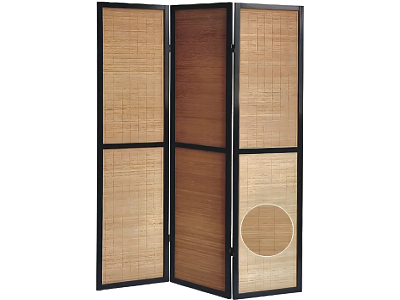 Paravent en bois noir et bambou de 3 pans
