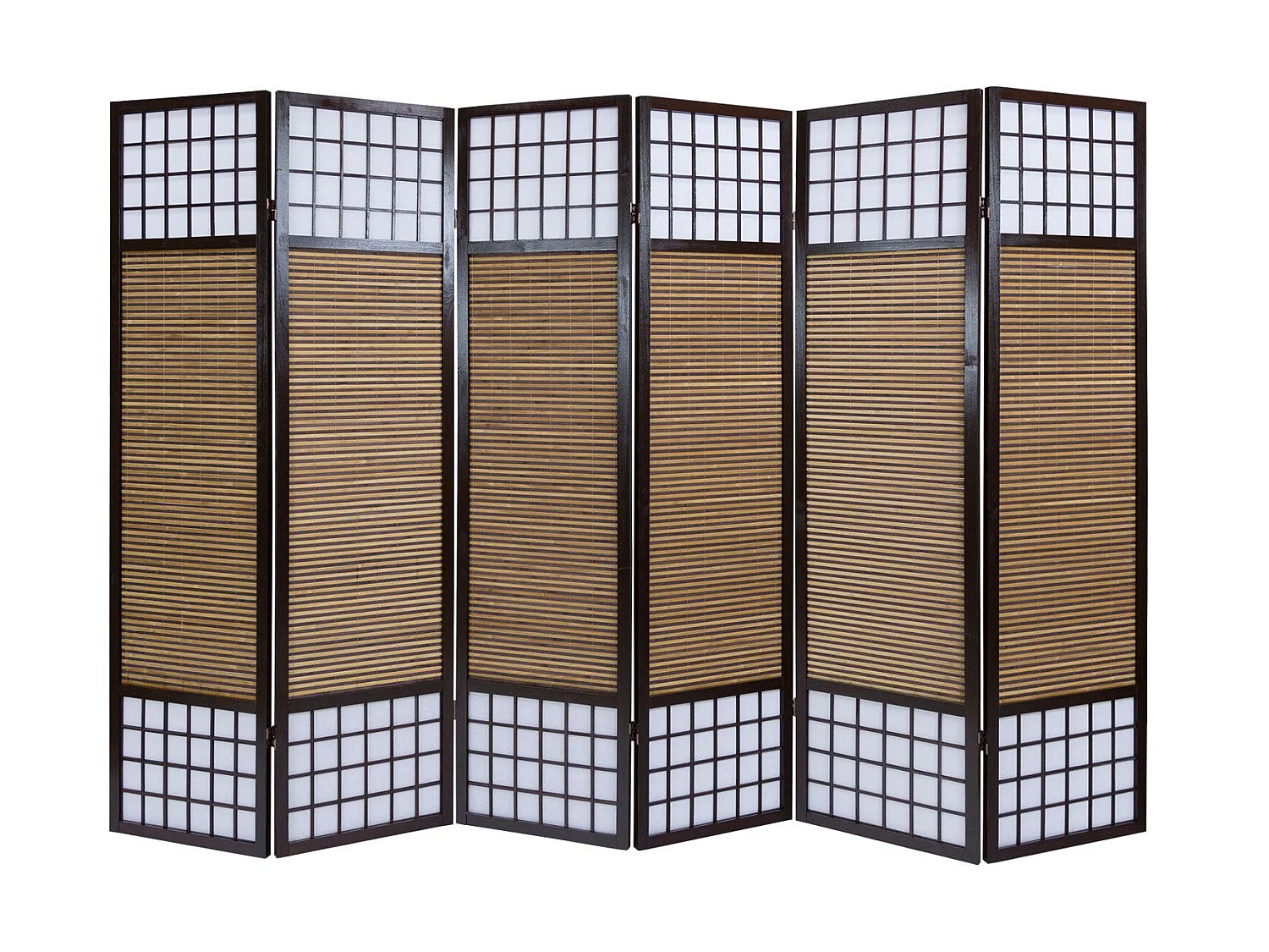 Paravent/séparateur de pièce japonais en bois avec bambou de 6 Panneaux coloris marron