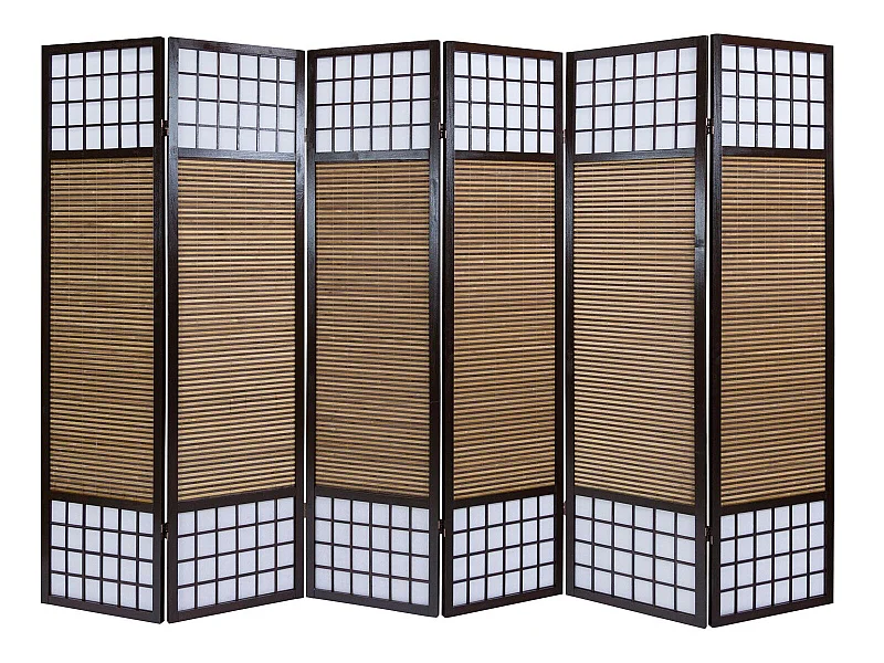 Paravent/séparateur de pièce japonais en bois avec bambou de 6 Panneaux coloris marron
