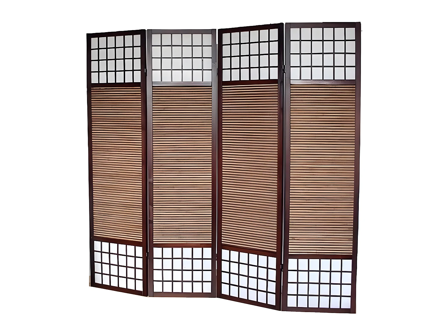 Paravent / séparateur de pièce en bois brun avec bambou Spécial taille 2 m de 4 pans coloris marron