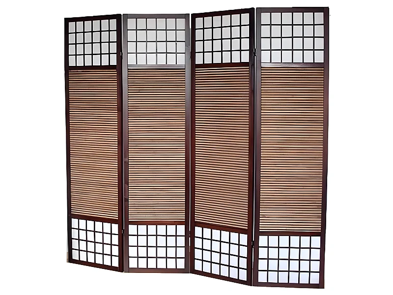 Paravent / séparateur de pièce en bois brun avec bambou Spécial taille 2 m de 4 pans coloris marron