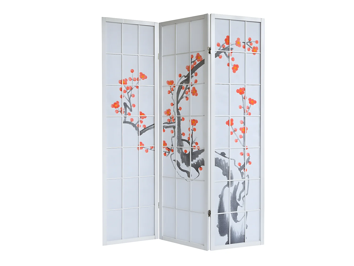 Paravent japonais fleur de cerisier en bois blanc de 3 pans, L132 x H175 x P2 cm