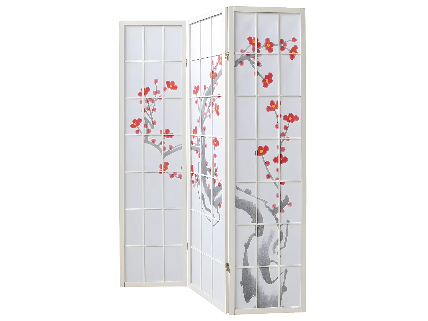 Paravent japonais fleur de cerisier en bois blanc de 3 pans, L132 x H175 x P2 cm