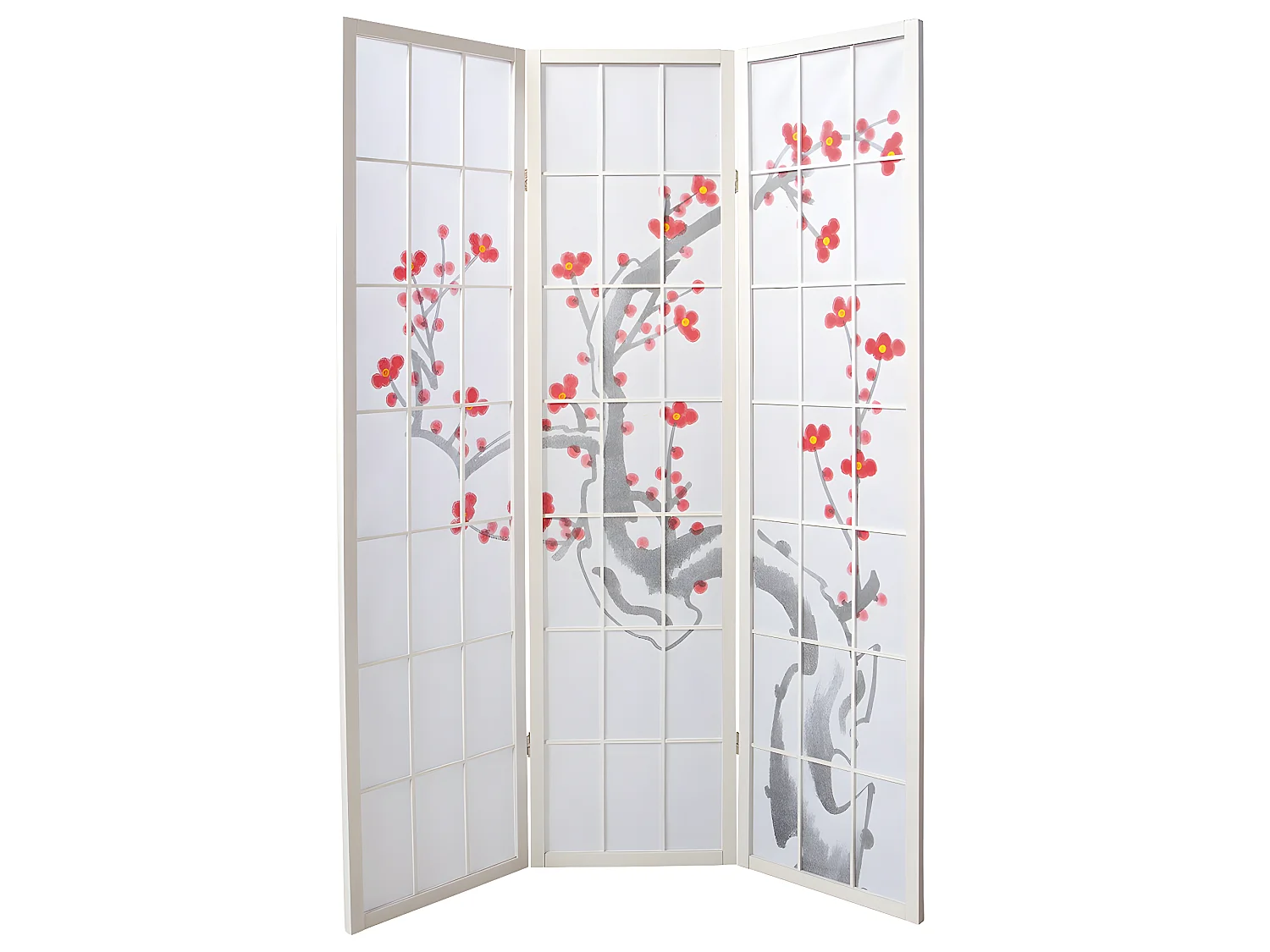 Paravent japonais fleur de cerisier en bois blanc de 3 pans, L132 x H175 x P2 cm