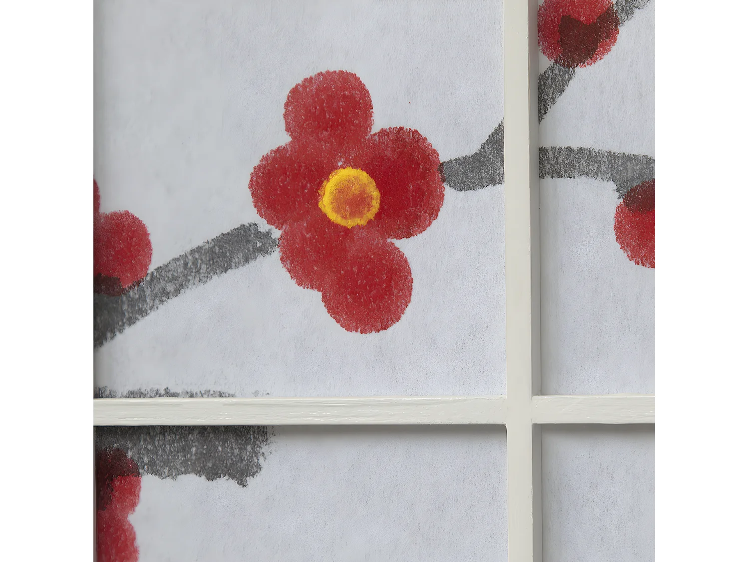 Paravent japonais fleur de cerisier en bois blanc de 3 pans, L132 x H175 x P2 cm