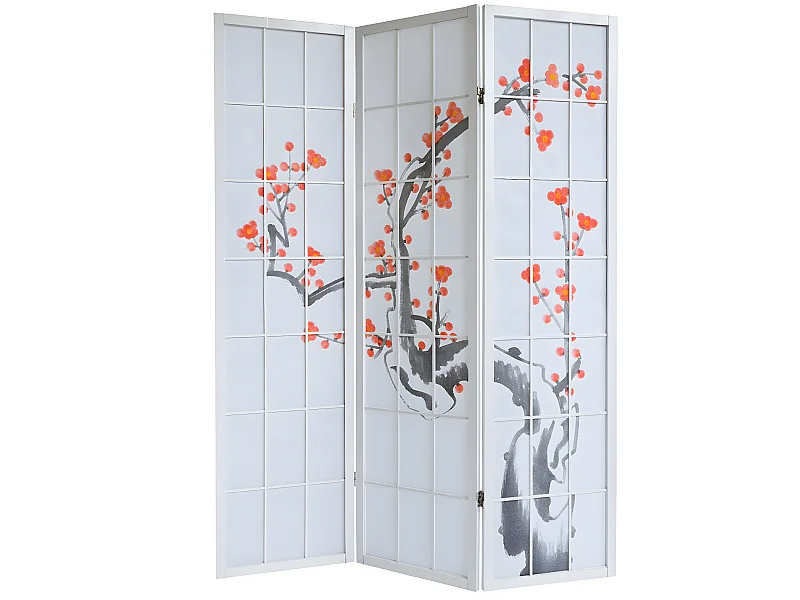 Paravent japonais fleur de cerisier en bois blanc de 3 pans, L132 x H175 x P2 cm